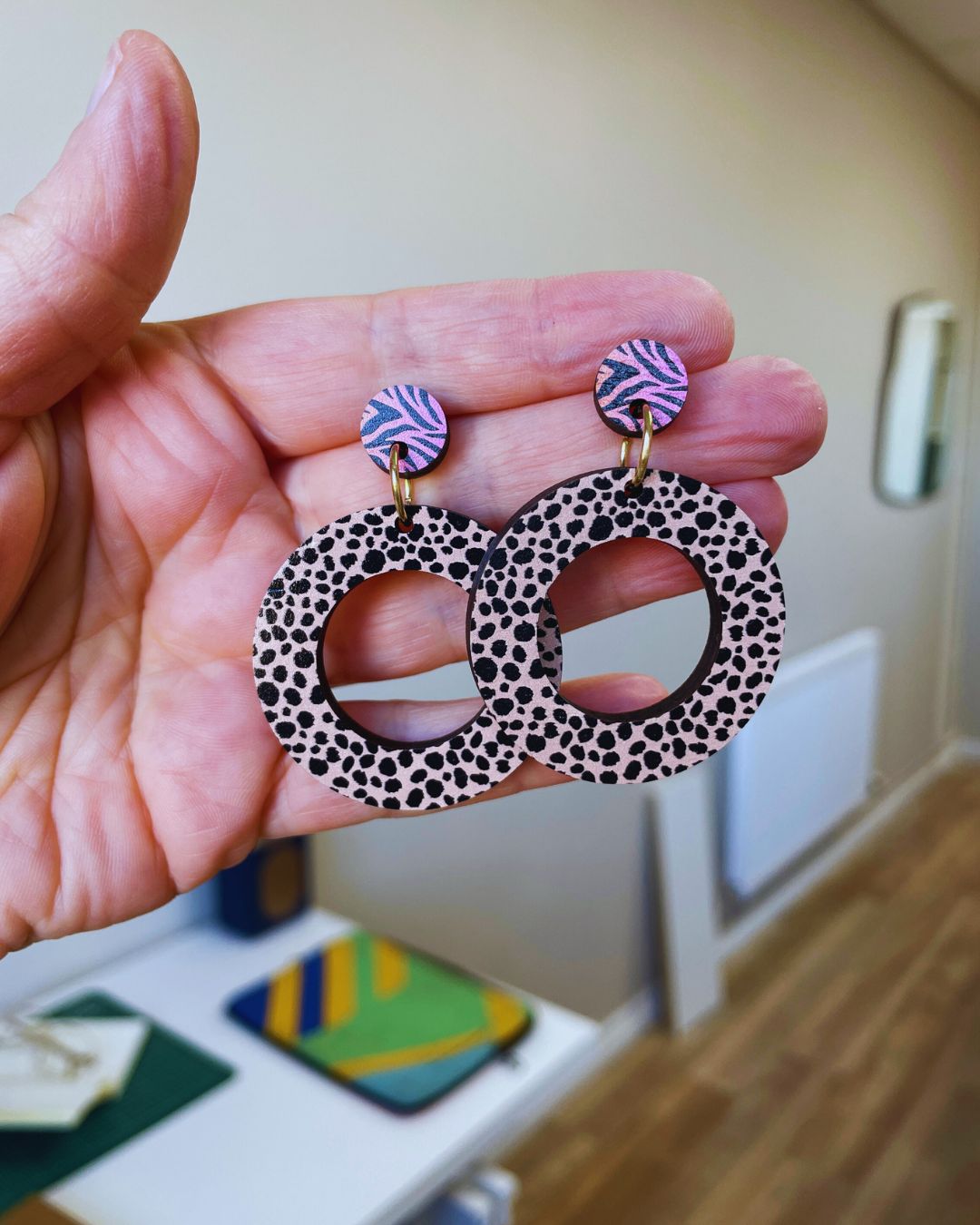 SALE - Circle Drop Earrings Leopard multi print