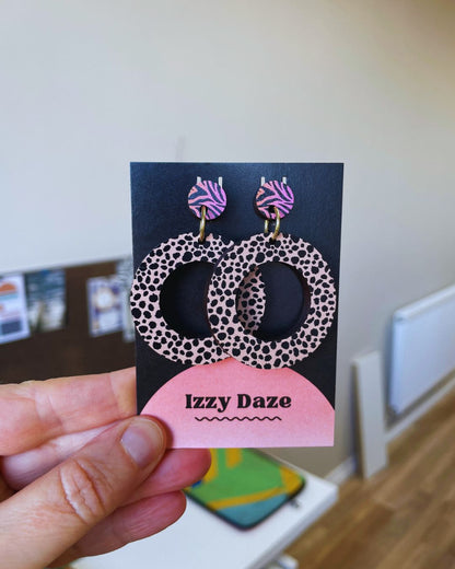 SALE - Circle Drop Earrings Leopard multi print
